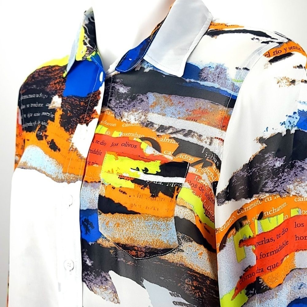 Two by Vince Camuto Abstract Collage Script Print Button Down Shirt Small Multi - Picture 2 of 6